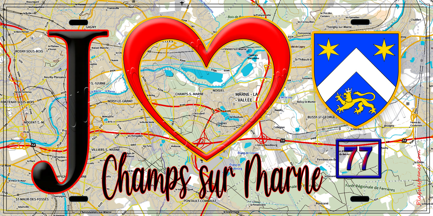 Plaque métal décorative  J' ❤️Champs-sur-Marne, Seine et Marne (77) fond carte