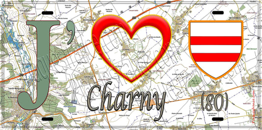Plaque métal décorative 15X30 J' ❤️ Charny, Somme (80) géo