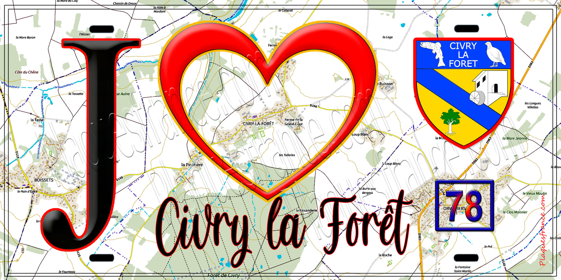Plaque métal décorative  J' ❤️ Civry-la-Forêt, Yvelines (78) fond carte
