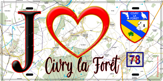Plaque métal décorative  J' ❤️ Civry-la-Forêt, Yvelines (78) fond carte