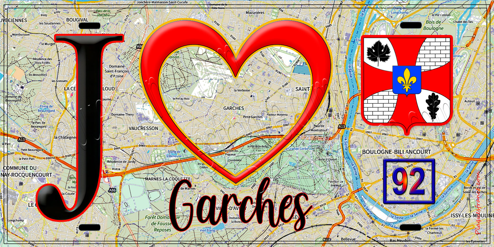Plaque métal décorative  J' ❤️ Garches, Hauts de Seine (92) fond carte