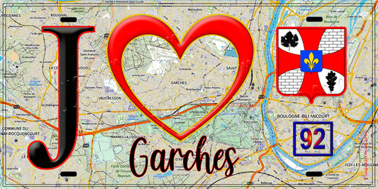 Plaque métal décorative  J' ❤️ Garches, Hauts de Seine (92) fond carte