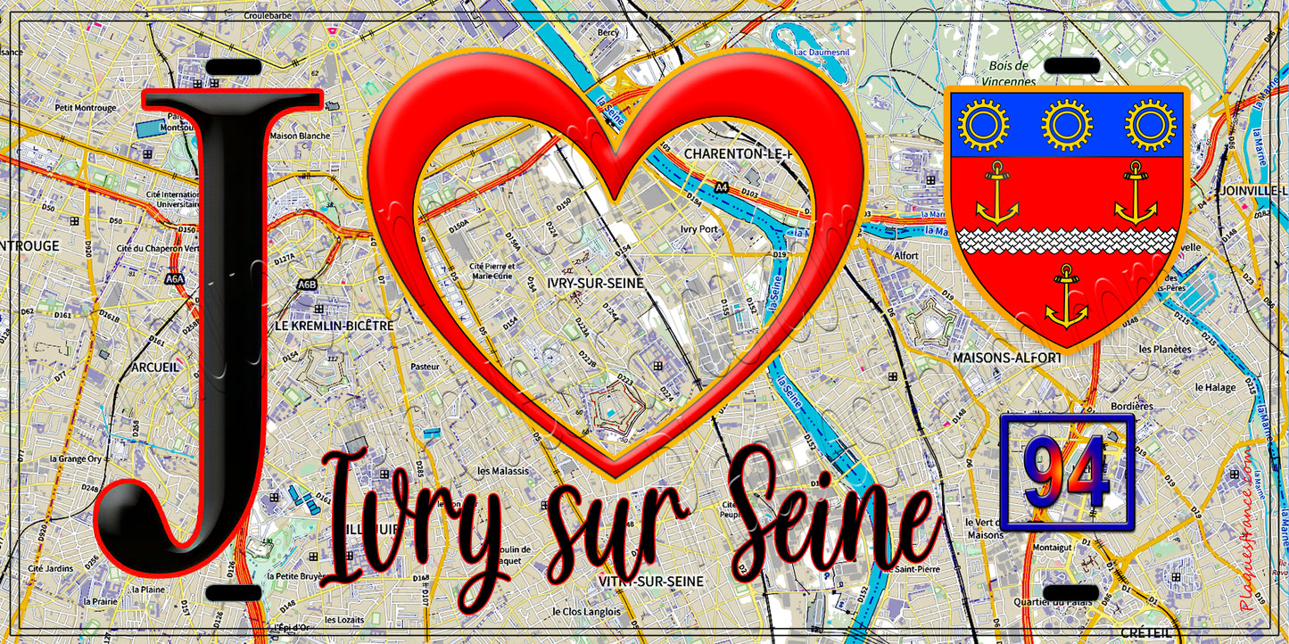 Plaque métal décorative  J' ❤️Ivry sur Seine, Val de Marne (94) fons carte