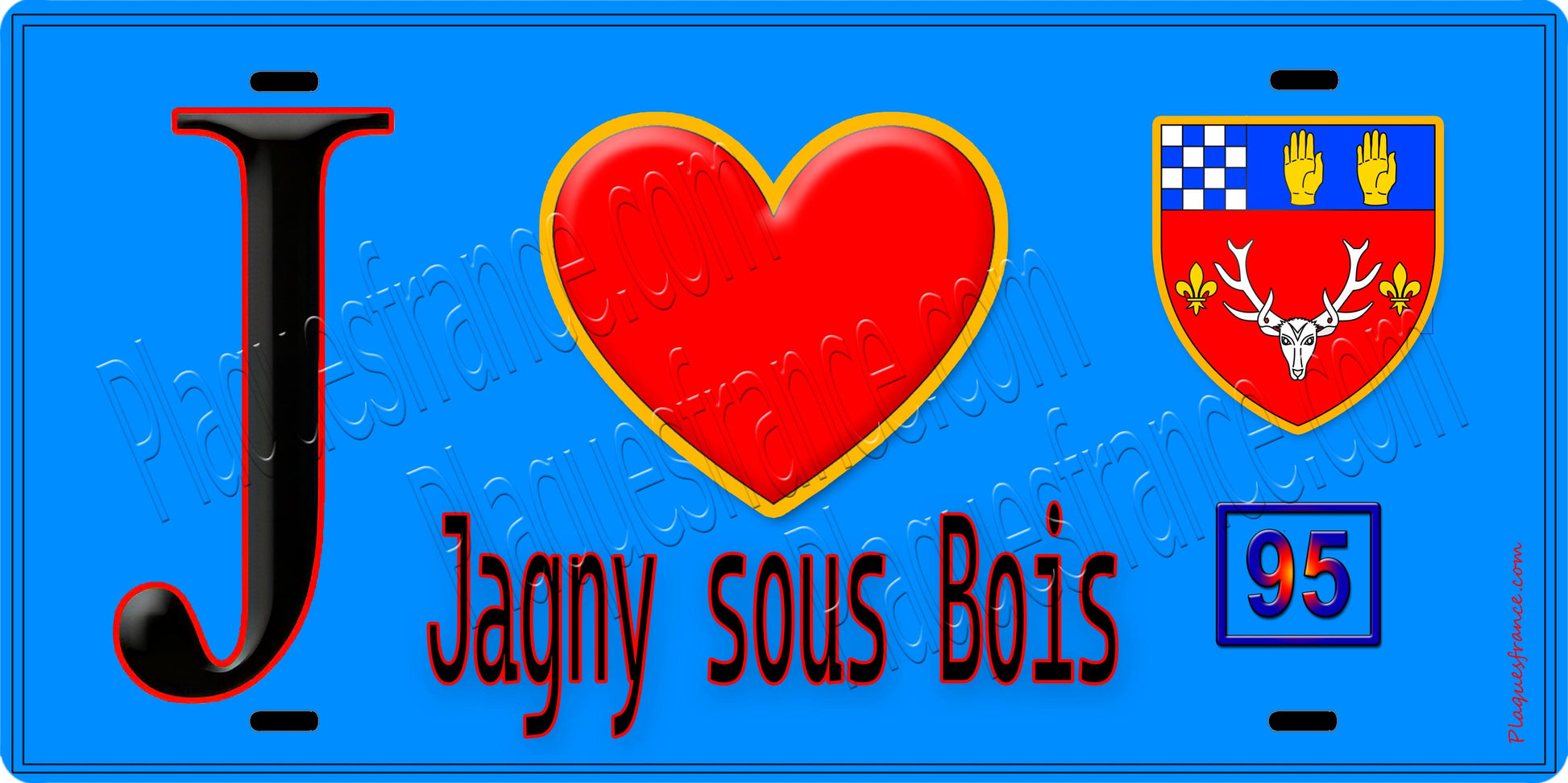 Plaque métal décorative  J' ❤️Jagny-sous-Bois, Val d'Oise (95) fond bleu