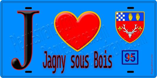 Plaque métal décorative  J' ❤️Jagny-sous-Bois, Val d'Oise (95) fond bleu