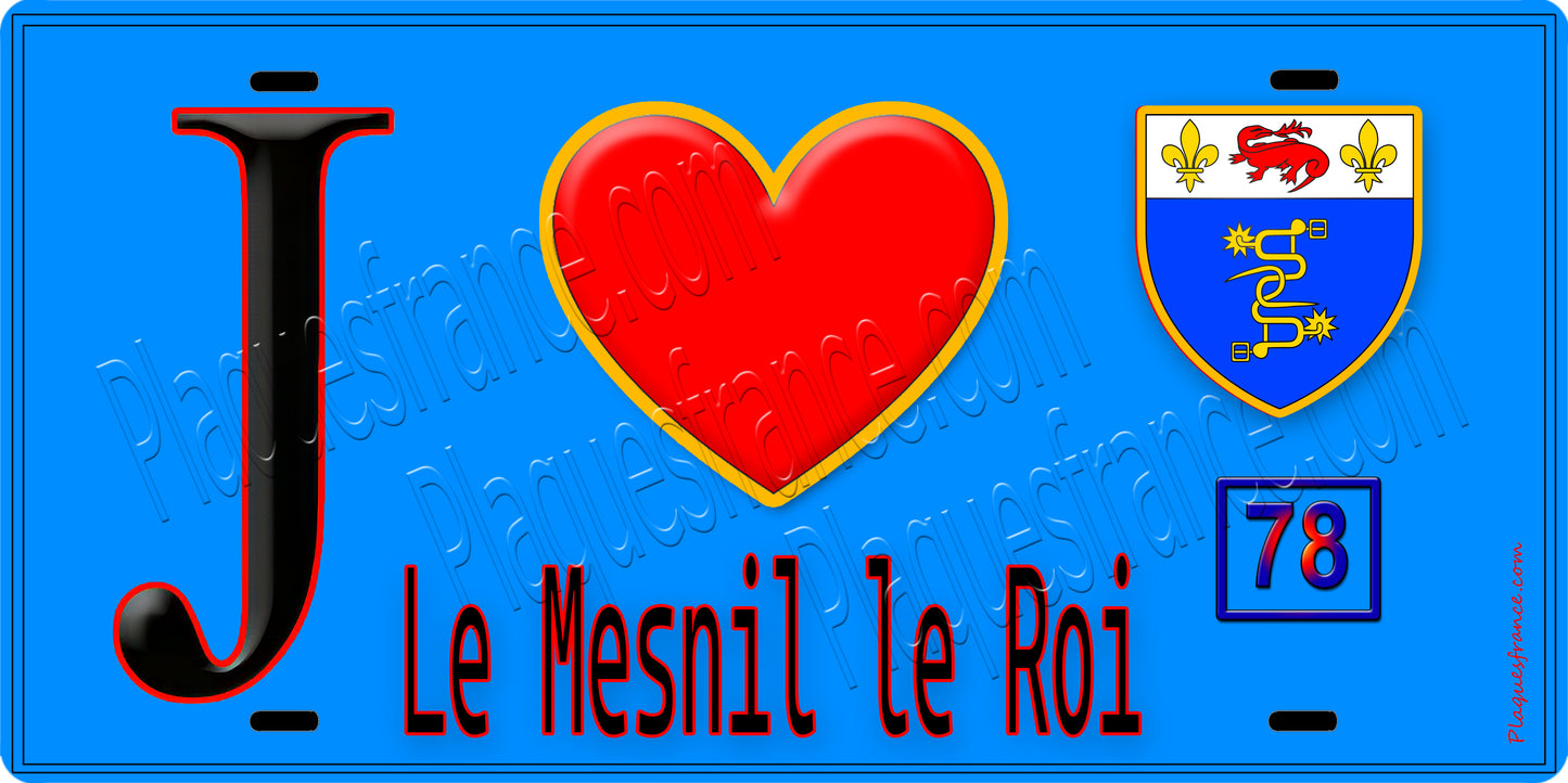 Plaque métal décorative  J' ❤️ Le Mesnil-le-Roi, Yvelines (78) fond bleu