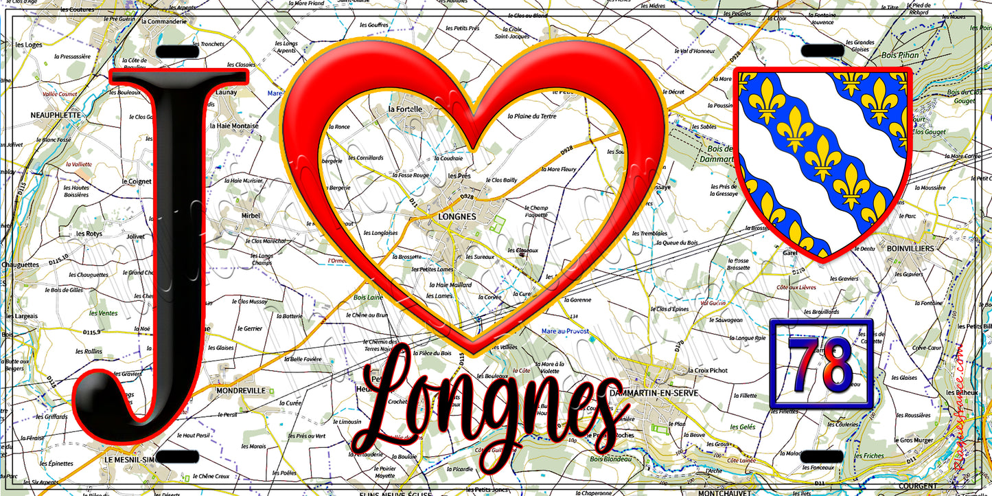 Plaque métal décorative  J' ❤️ Longnes, Yvelines (78) fond carte