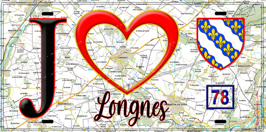 Plaque métal décorative  J' ❤️ Longnes, Yvelines (78) fond carte