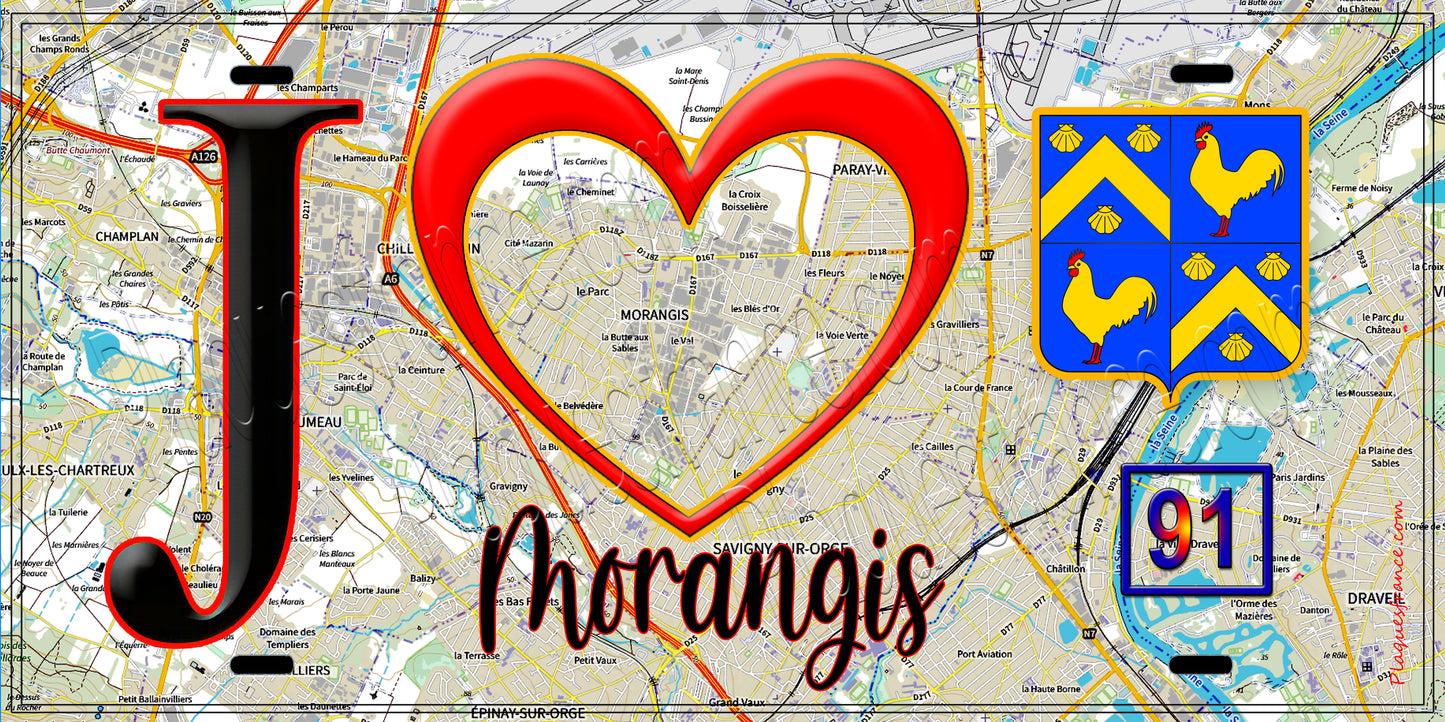 Plaque métal décorative  J' ❤️Morangis, Essonne (91) fond carte