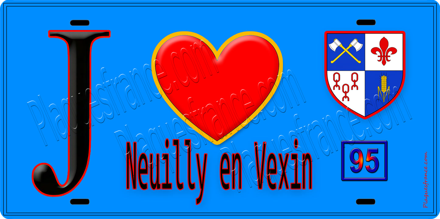 Plaque métal décorative  J' ❤️Neuilly-en-Vexin, Val d'Oise (95) fond bleu