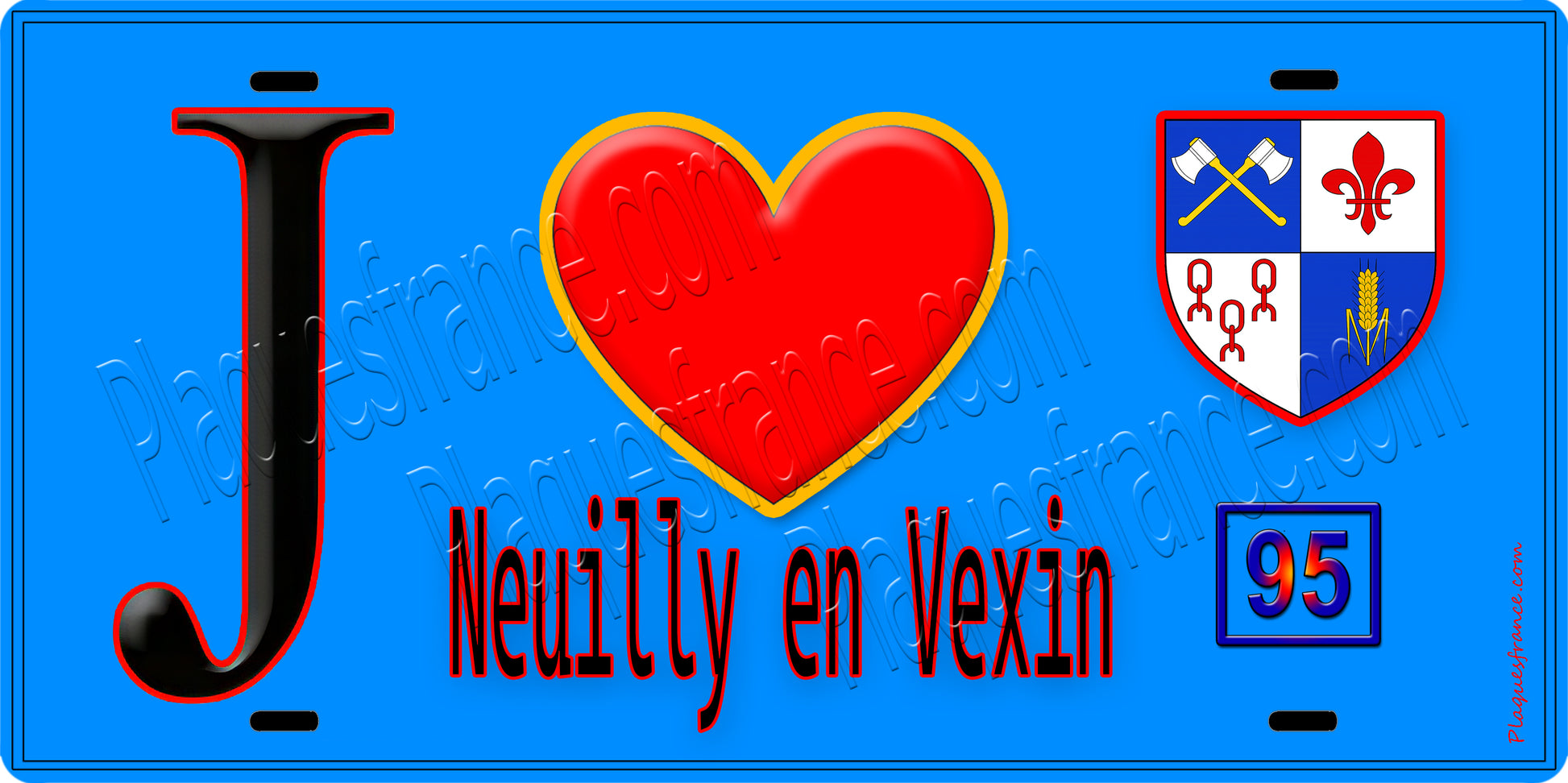 Plaque métal décorative  J' ❤️Neuilly-en-Vexin, Val d'Oise (95) fond bleu