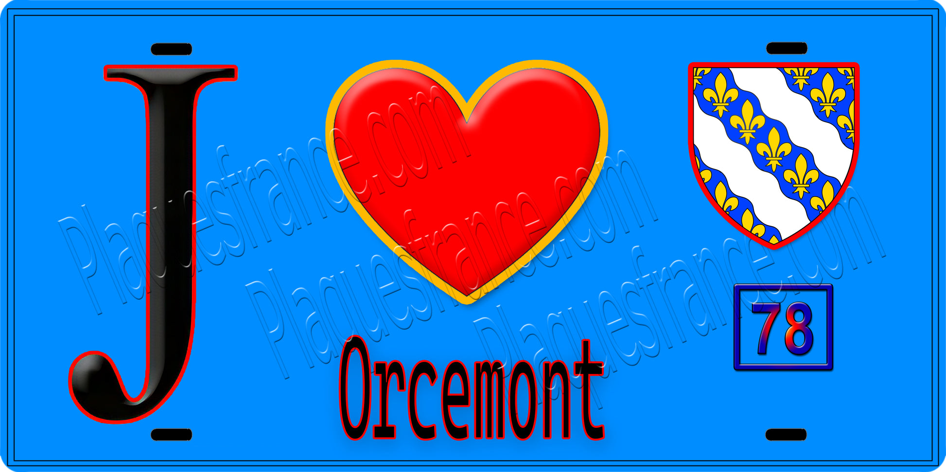 Plaque métal décorative  J' ❤️ Orcemont, Yvelines (78) fond bleu