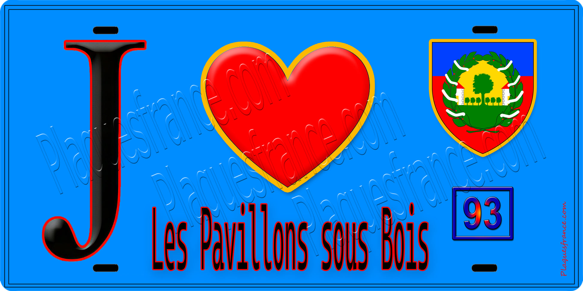 Plaque métal décorative  J' ❤️Les Pavillons-sous-Bois, Seine Saint Denis (93) fond bleu