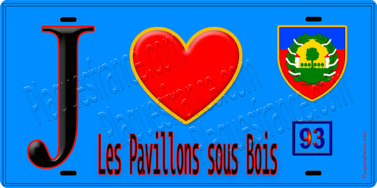 Plaque métal décorative  J' ❤️Les Pavillons-sous-Bois, Seine Saint Denis (93) fond bleu