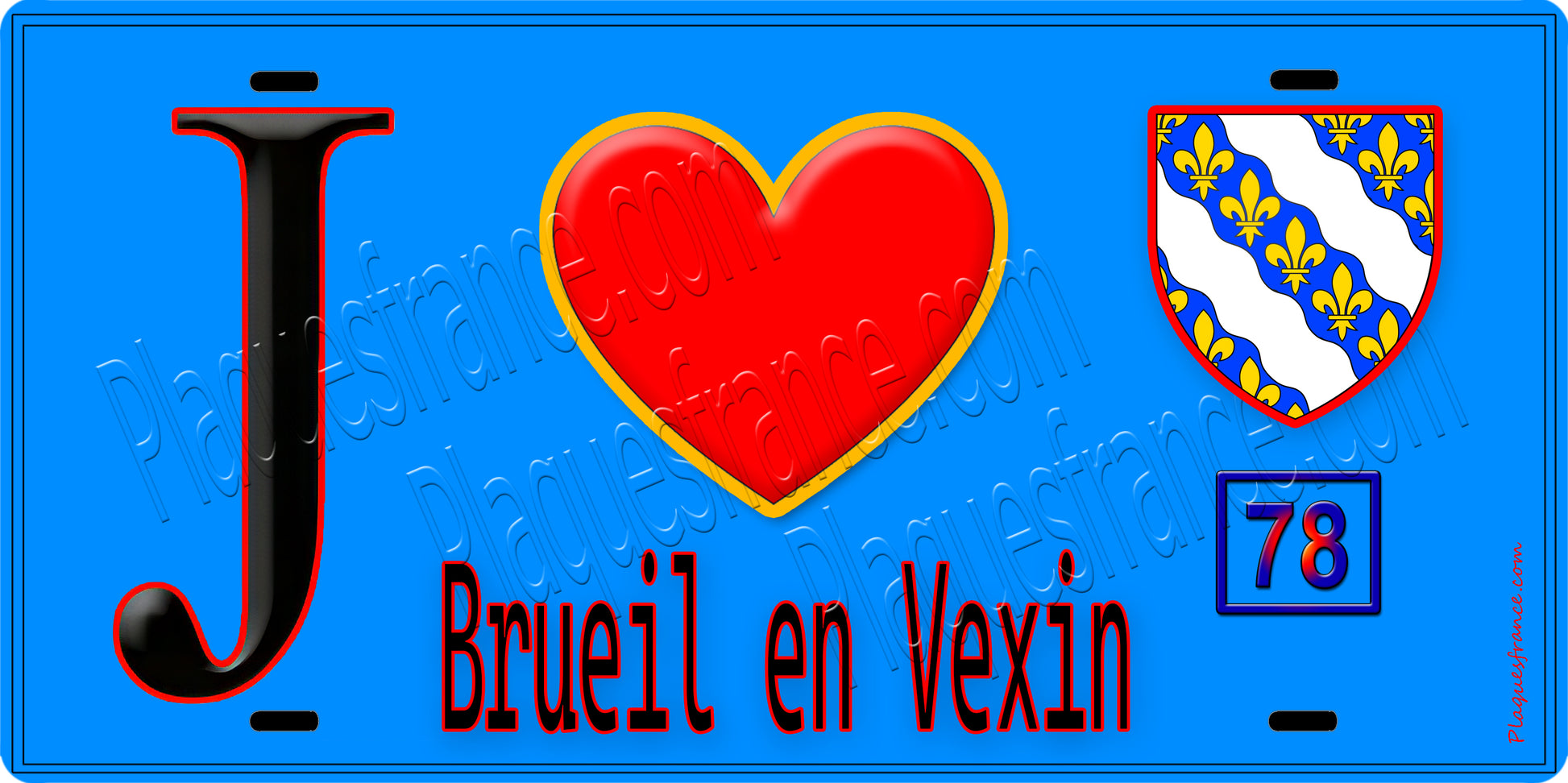 Plaque métal décorative  J' ❤️  Brueil-en-Vexin, Yvelines (78) fond bleu