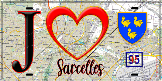 Plaque métal décorative  J' ❤️Sarcelles, Val d'Oise (95) fond carte