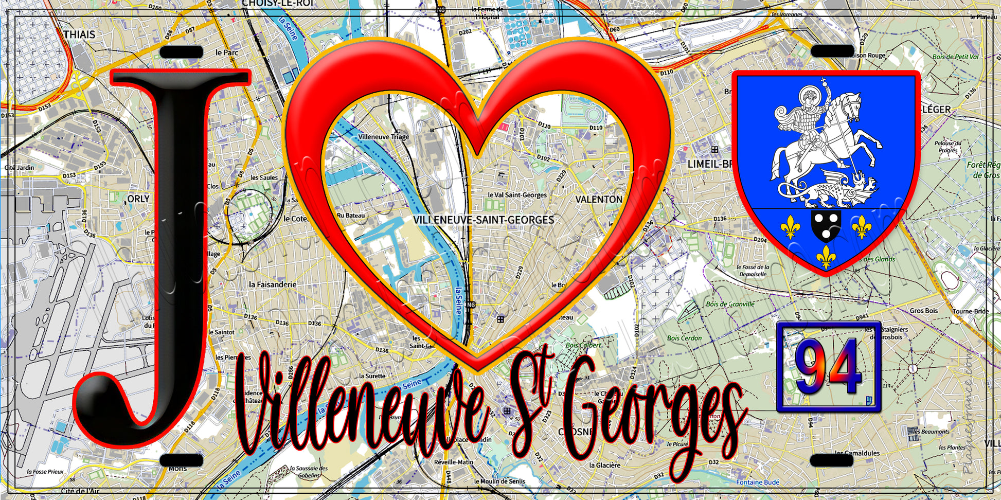 Plaque métal décorative  J' ❤️Villeneuve-Saint-Georges, Val de Marne (94) fond carte