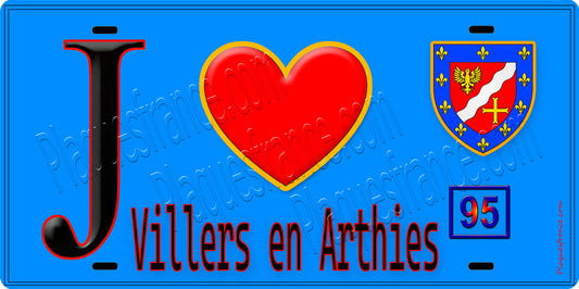 Plaque métal décorative  J' ❤️Villers-en-Arthies, Val d'Oise (95) fond bleu
