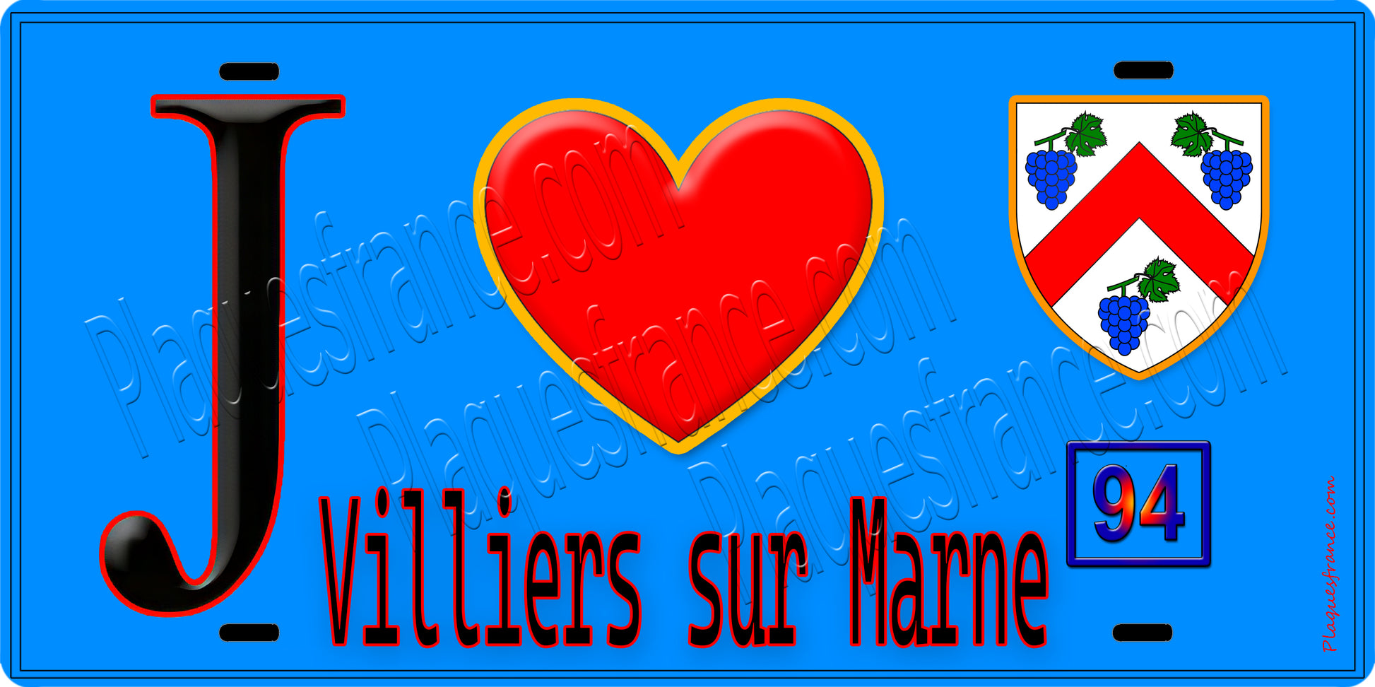 Plaque métal décorative  J' ❤️Villiers-sur-Marne, Val de Marne (94) fond bleu