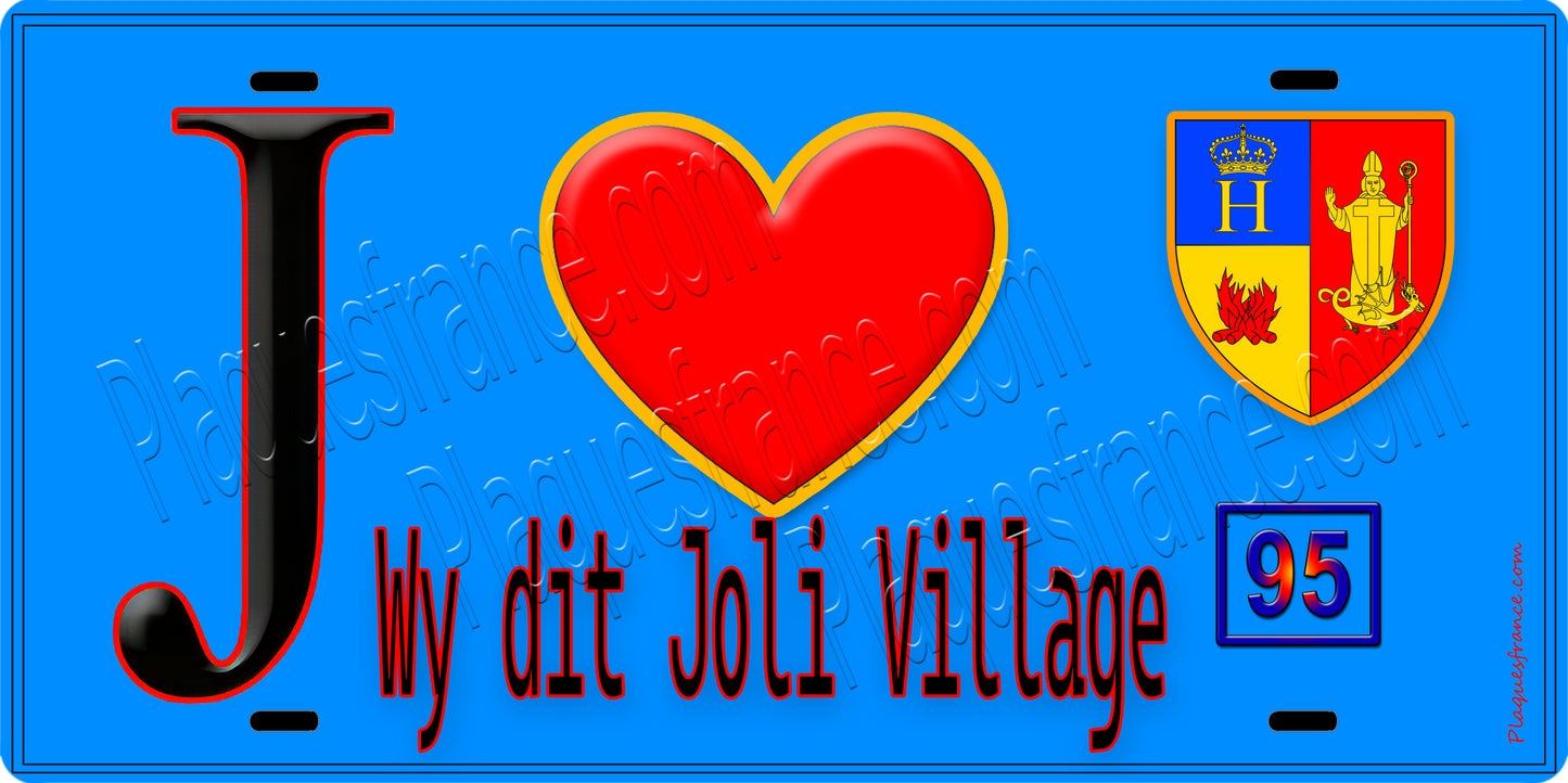 Plaque métal décorative  J' ❤️Wy-dit-Joli-Village, Val d'Oise (95) fond bleu