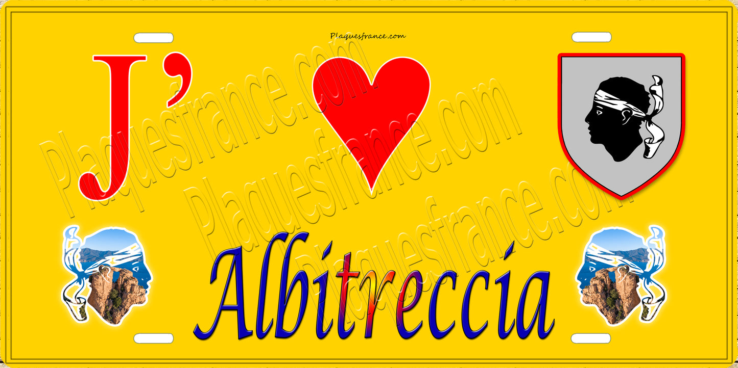 Plaque métal décorative 15 x 30 cm fond mur jaune J' ❤️ Albitreccia canton Taravo-Ornano  Corse du Sud