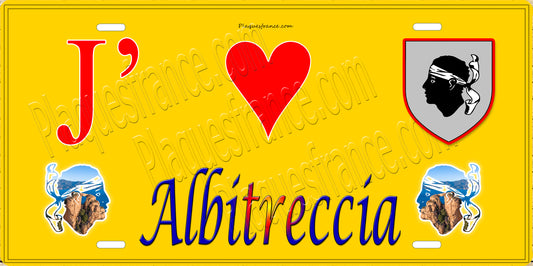 Plaque métal décorative 15 x 30 cm fond mur jaune J' ❤️ Albitreccia canton Taravo-Ornano  Corse du Sud