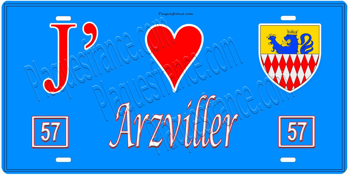 Plaque métal décorative, J'❤️Arzviller, Moselle, fond mur bleu 57