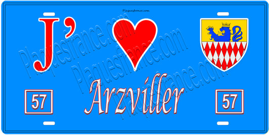 Plaque métal décorative, J'❤️Arzviller, Moselle, fond mur bleu 57