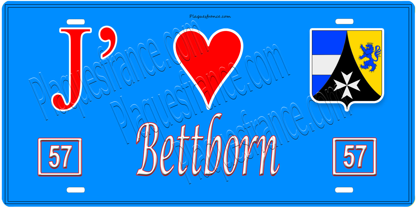 Plaque métal décorative, J'❤️Bettborn, Moselle, fond mur bleu 57