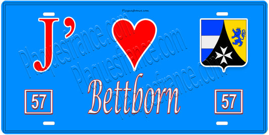 Plaque métal décorative, J'❤️Bettborn, Moselle, fond mur bleu 57