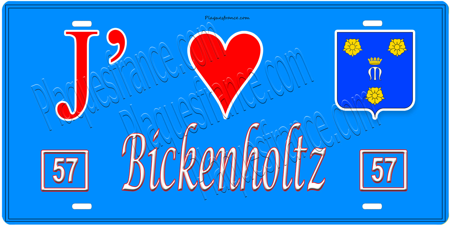Plaque métal décorative, J'❤️Bickenholtz, Moselle, fond mur bleu 57