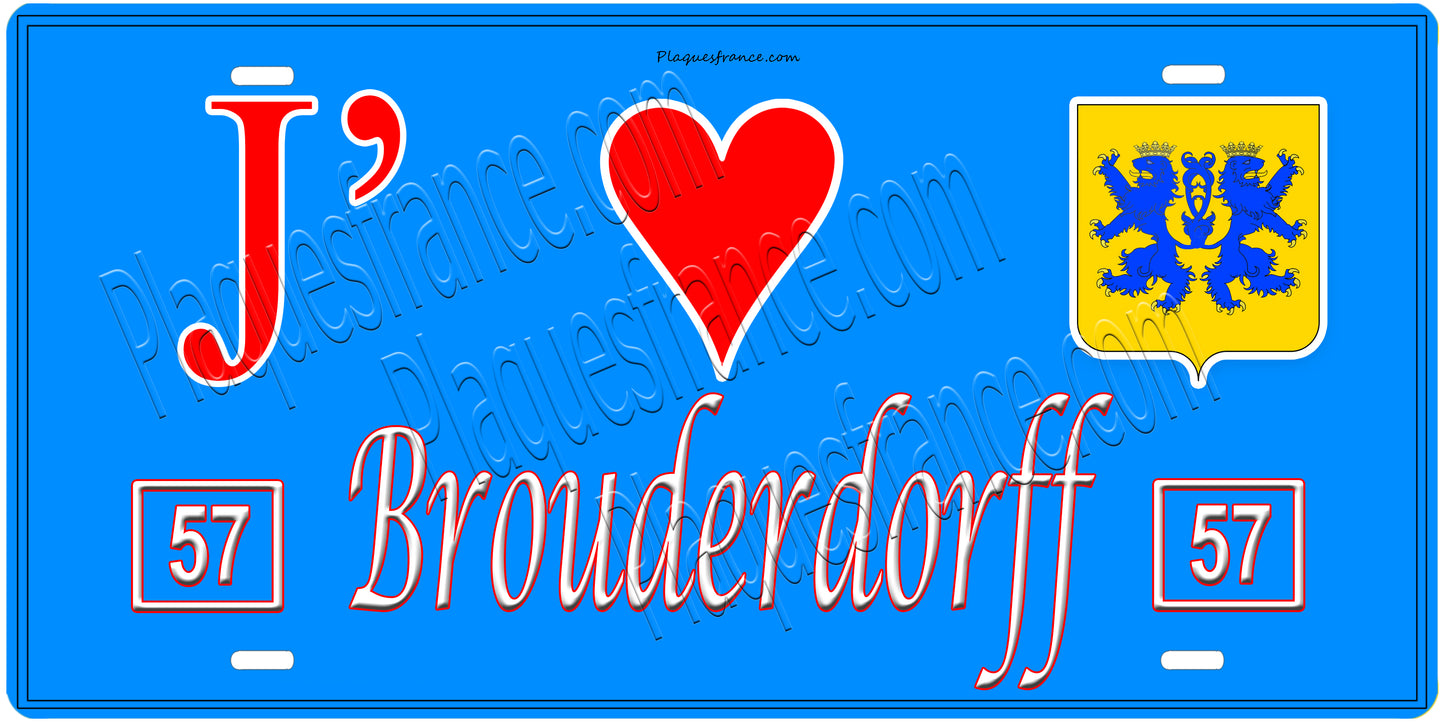 Plaque métal décorative, J'❤️Brouderdorff, Moselle, fond mur bleu 57