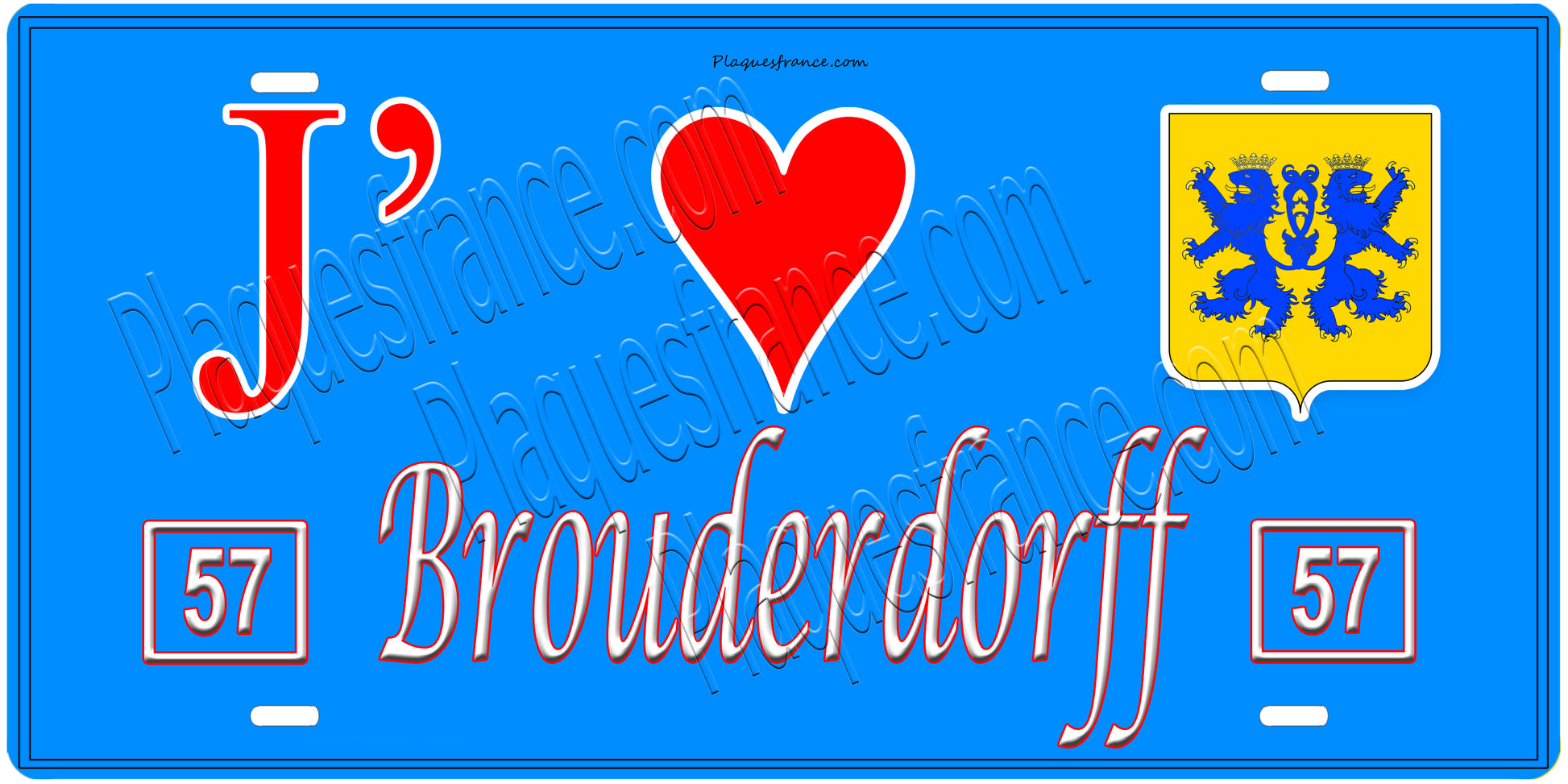 Plaque métal décorative, J'❤️Brouderdorff, Moselle, fond mur bleu 57