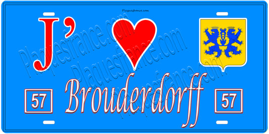 Plaque métal décorative, J'❤️Brouderdorff, Moselle, fond mur bleu 57