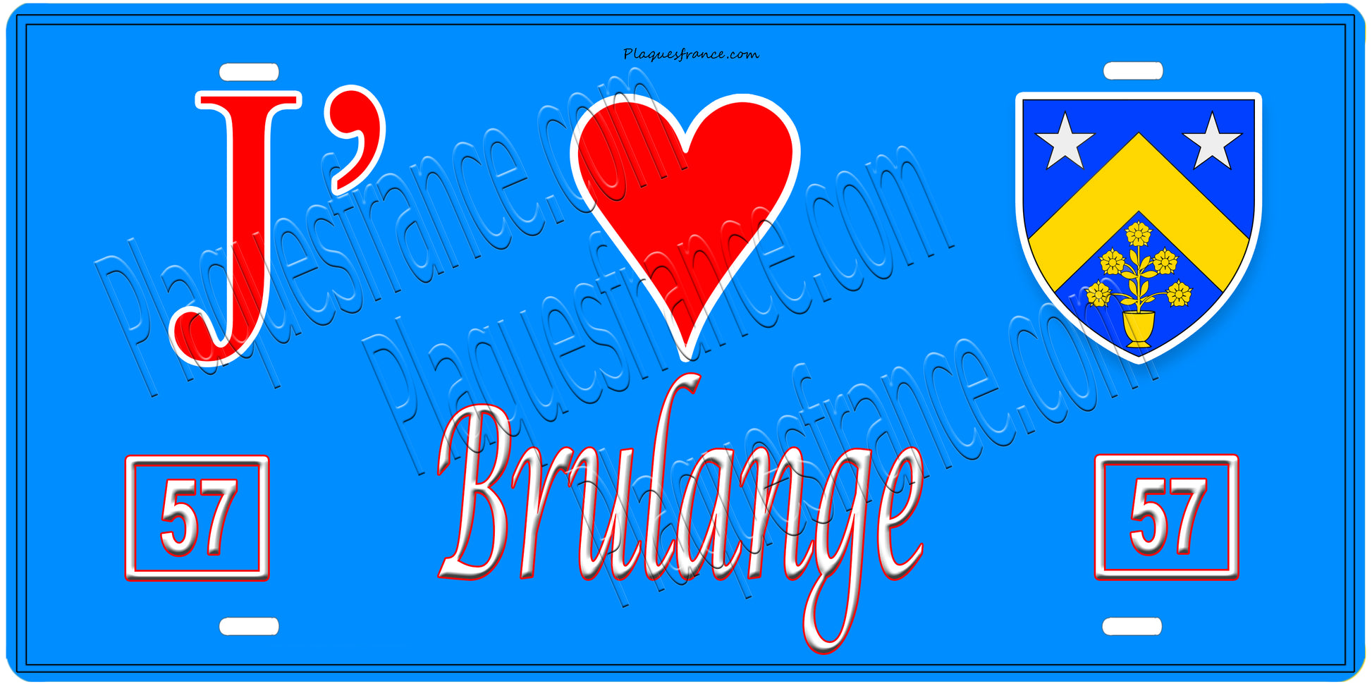 Plaque métal décorative, J'❤️Brulange, Moselle, fond mur bleu 57