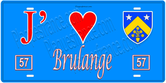Plaque métal décorative, J'❤️Brulange, Moselle, fond mur bleu 57