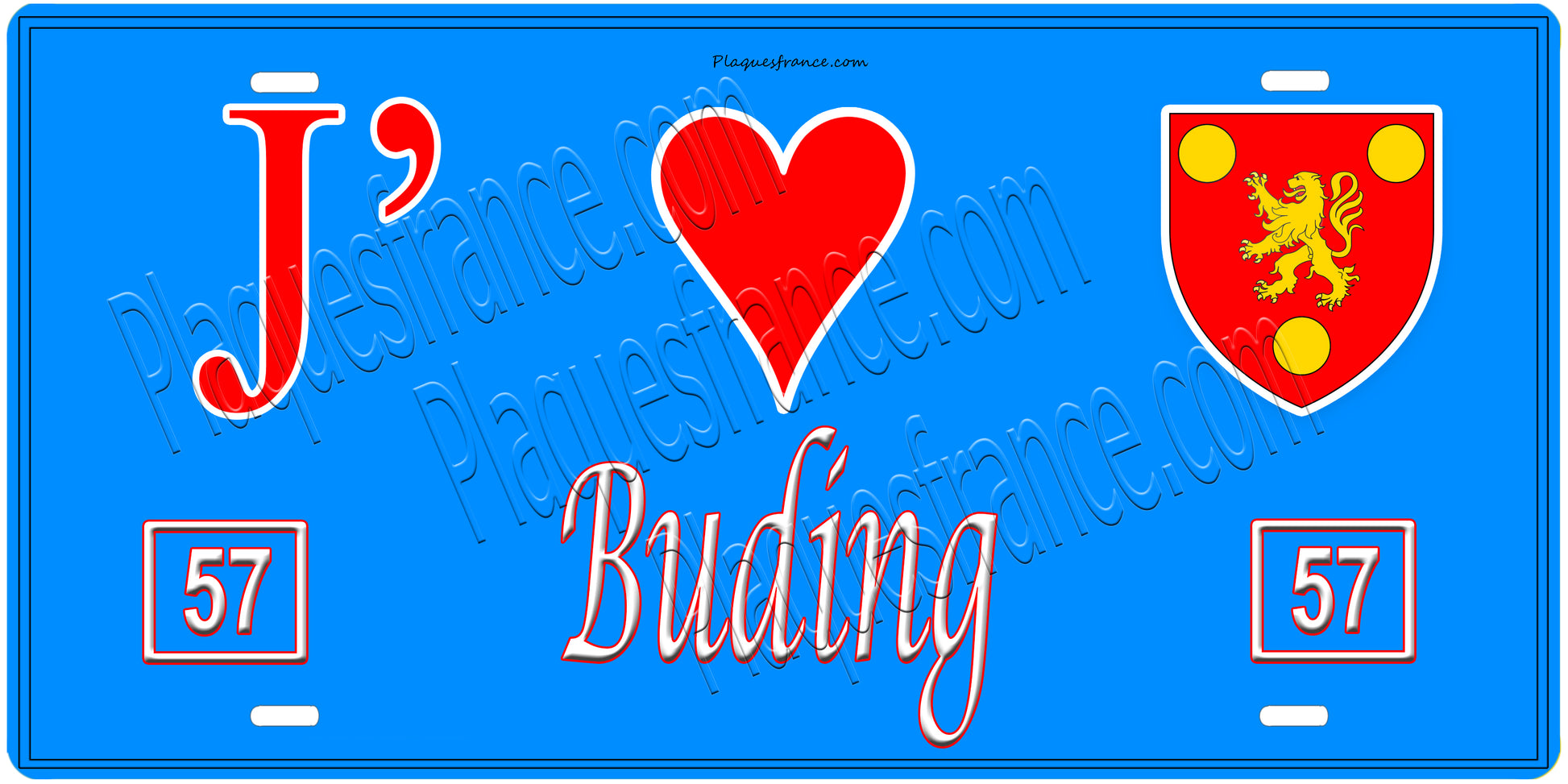 Plaque métal décorative, J'❤️Buding, Moselle, fond mur bleu 57