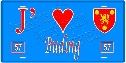 Plaque métal décorative, J'❤️Buding, Moselle, fond mur bleu 57