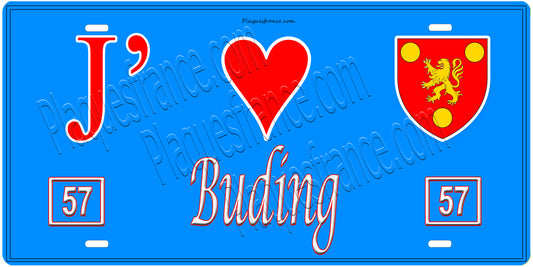 Plaque métal décorative, J'❤️Buding, Moselle, fond mur bleu 57