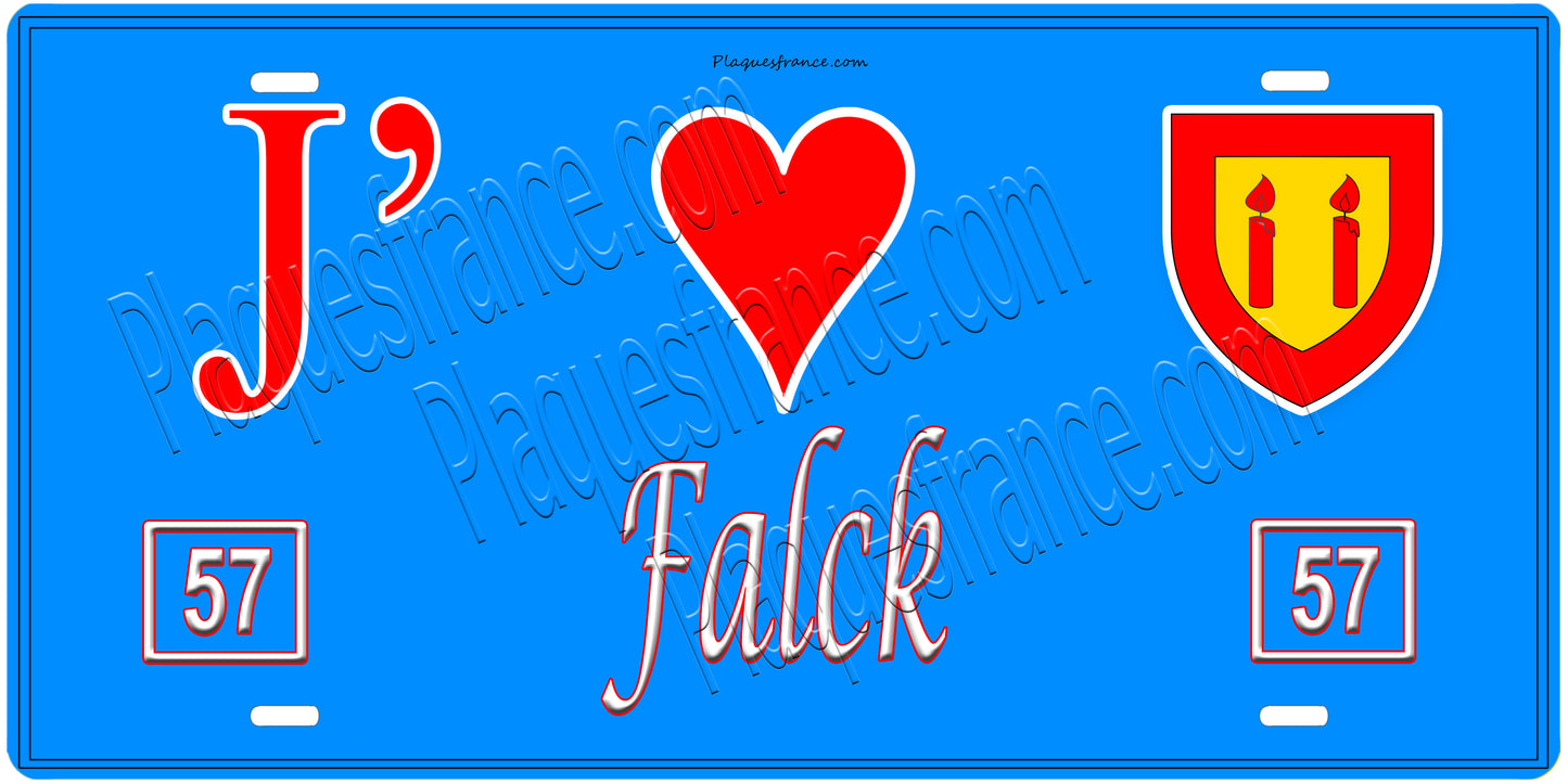 Plaque métal décorative, J'❤️ Falck, Moselle, fond mur bleu 57