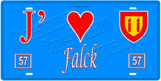 Plaque métal décorative, J'❤️ Falck, Moselle, fond mur bleu 57