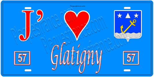 Plaque métal décorative, J'❤️Glatigny , Moselle, fond mur bleu 57