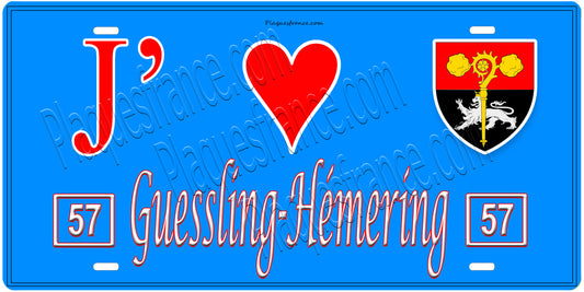 Plaque métal décorative, J'❤️Guessling-Hémering, Moselle, fond mur bleu 57