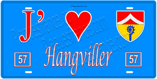 Plaque métal décorative, J'❤️Hangviller, Moselle, fond mur bleu 57