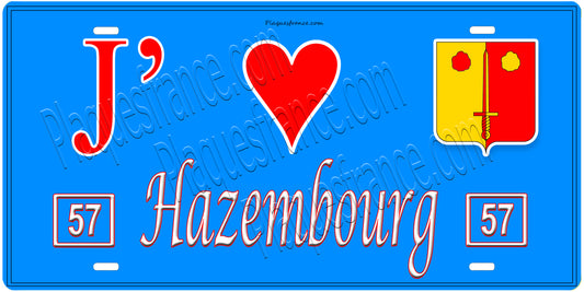 Plaque métal décorative, J'❤️Hazembourg, Moselle, fond mur bleu 57
