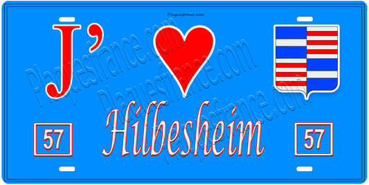 Plaque métal décorative, J'❤️Hilbesheim, Moselle, fond mur bleu 57