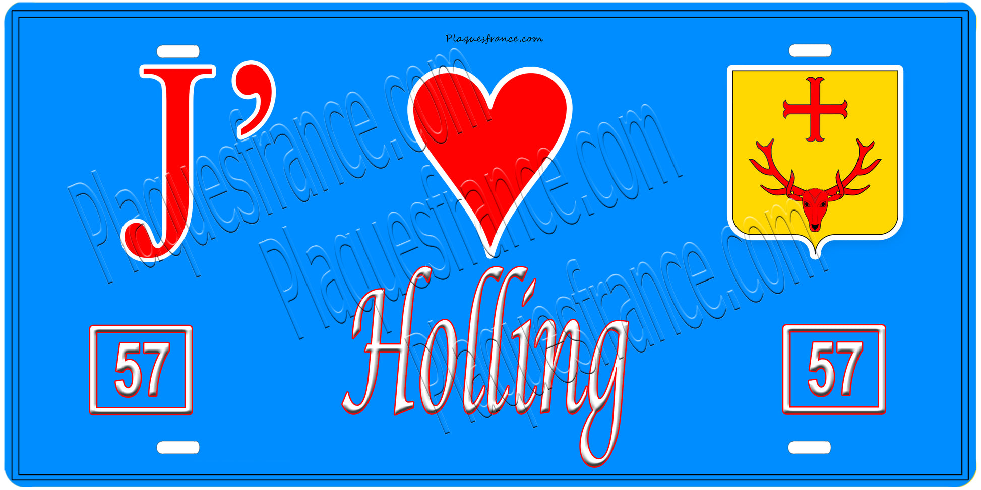 Plaque métal décorative, J'❤️ Holling, Moselle, fond mur bleu 57