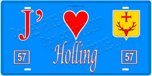 Plaque métal décorative, J'❤️ Holling, Moselle, fond mur bleu 57