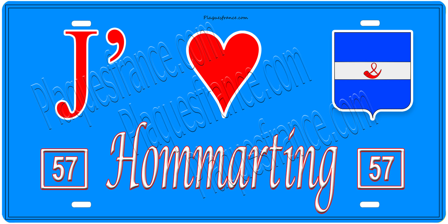 Plaque métal décorative, J'❤️Hommarting, Moselle, fond mur bleu 57