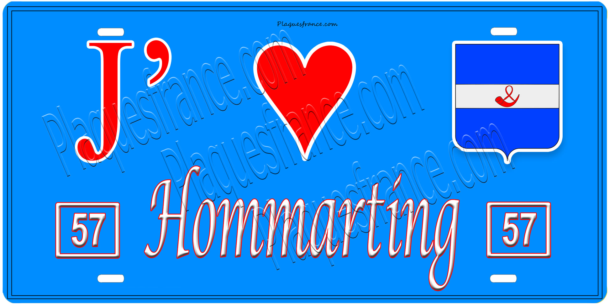 Plaque métal décorative, J'❤️Hommarting, Moselle, fond mur bleu 57